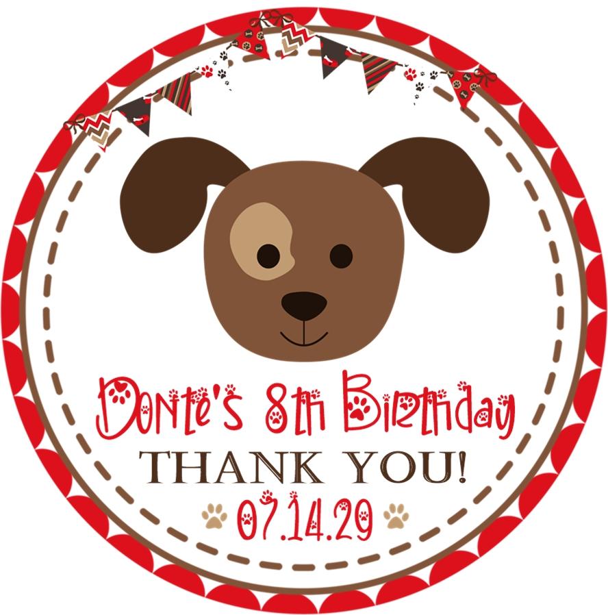 red puppy birthday sticker with brown dog face