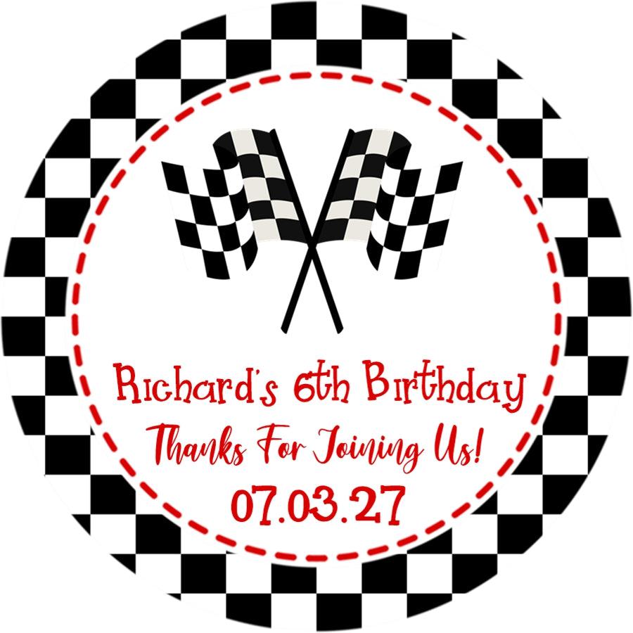 red stitched racing flag birthday party sticker