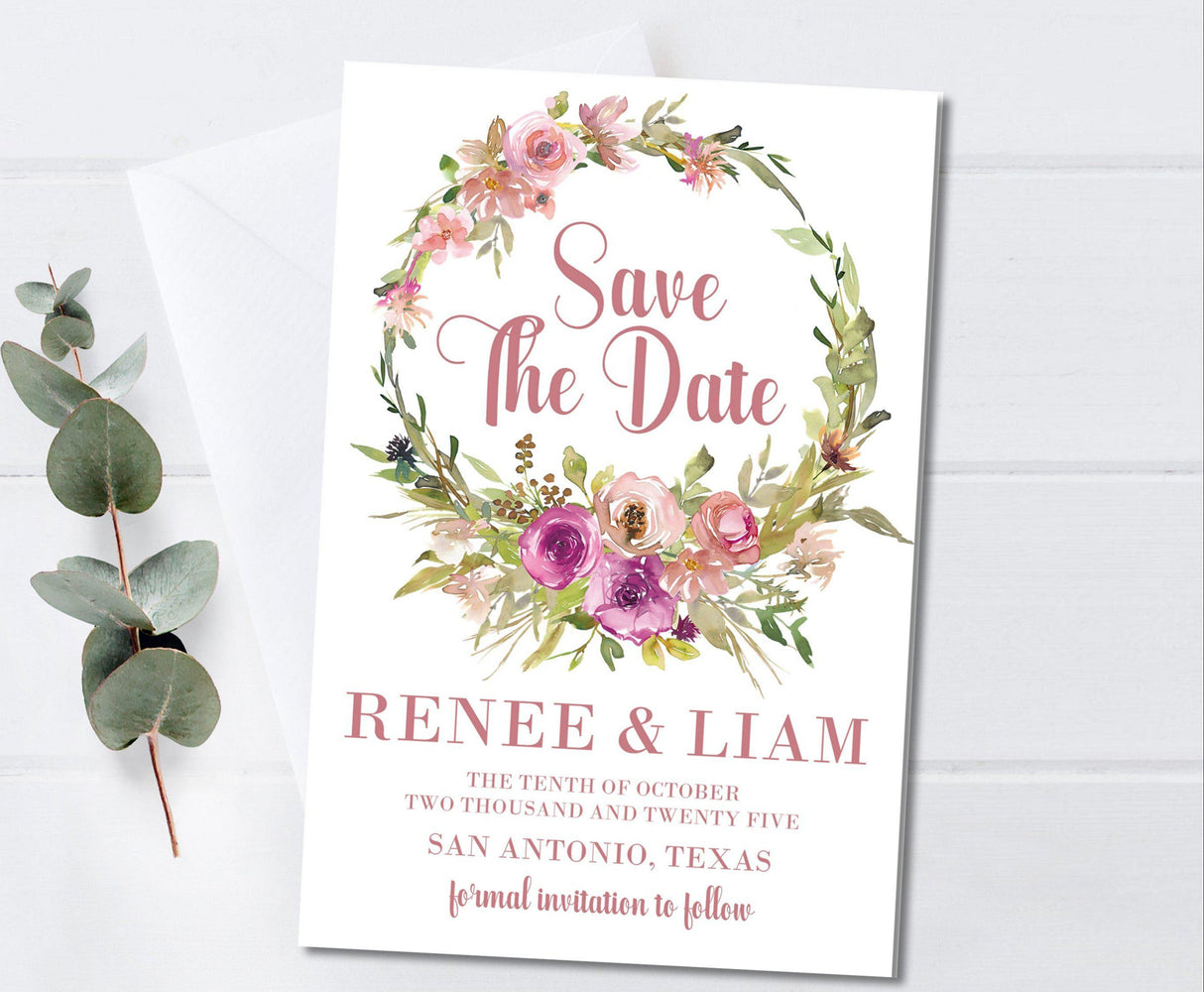 romantic blush botanical save the date cards greenery accents