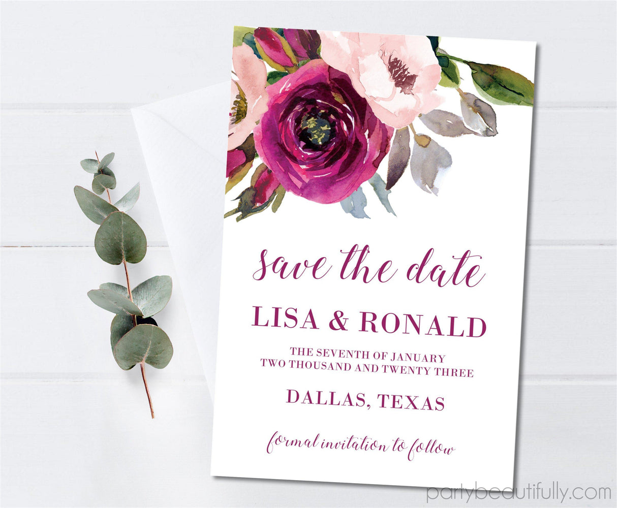 romantic burgundy wedding save the date cards floral accents