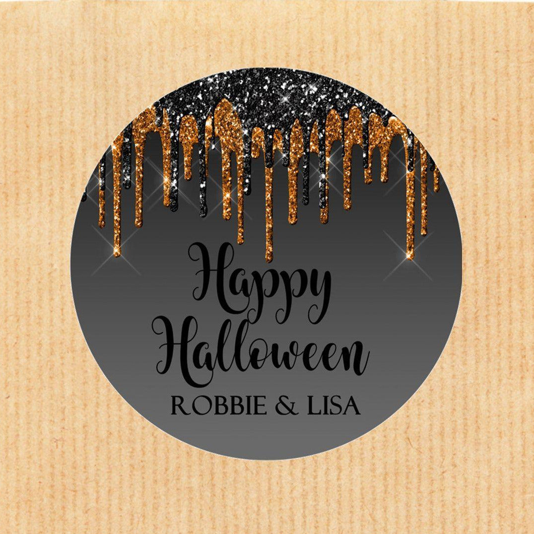 round halloween sticker with black background and cascading orange drip accents