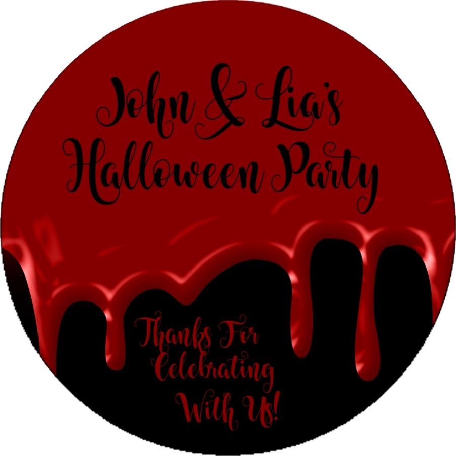round halloween sticker with deep red background and dripping black accent design