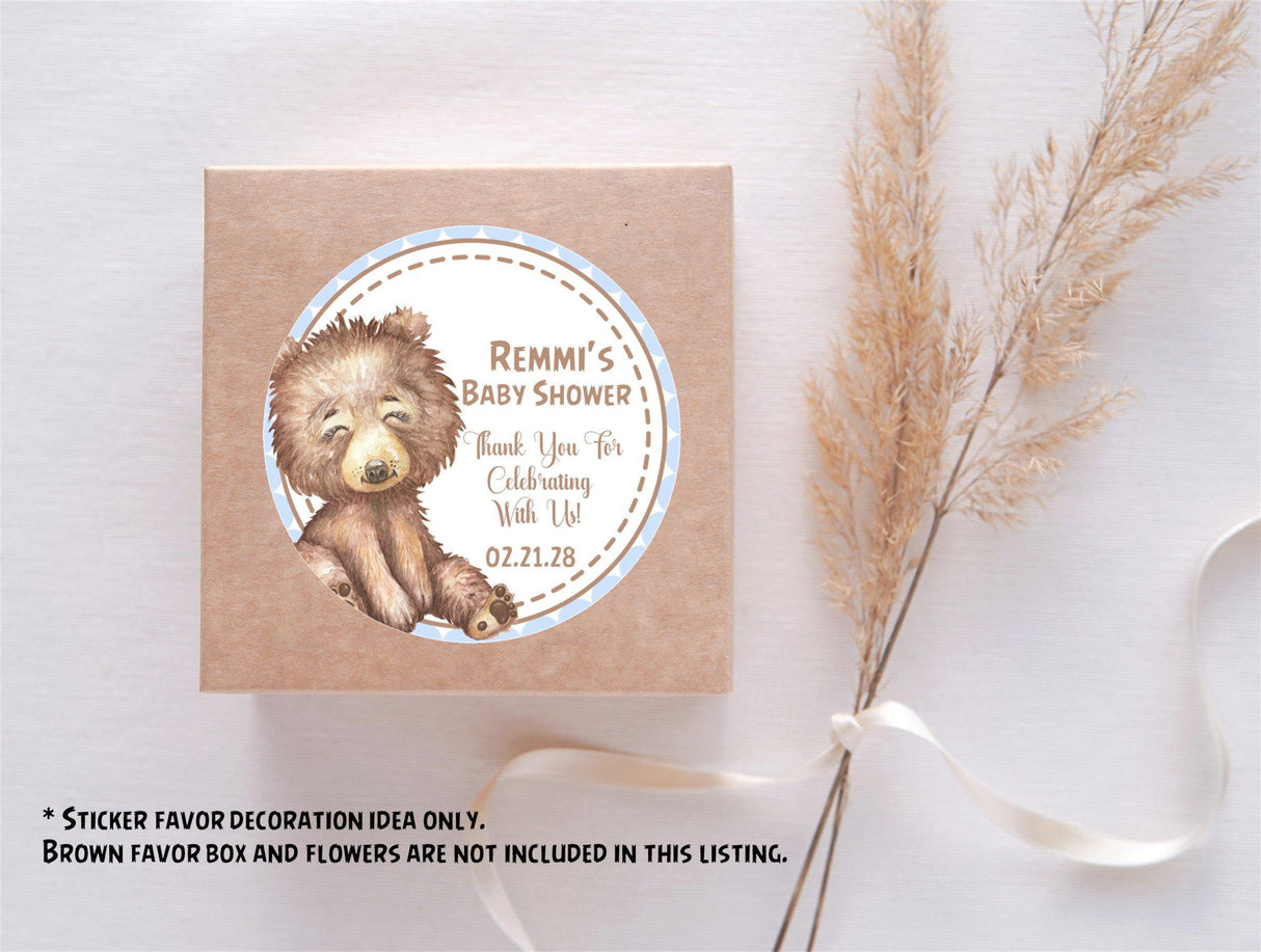 rustic forest bear baby shower label