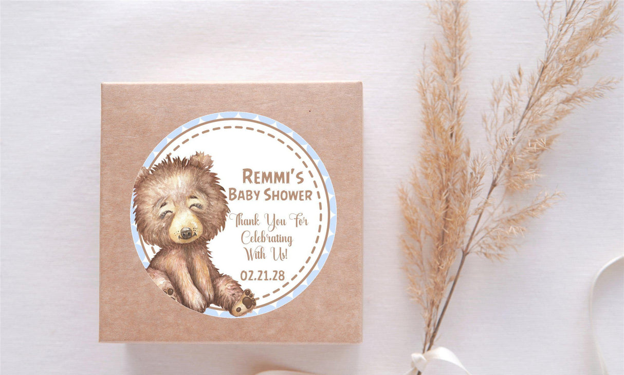 rustic forest bear baby shower label