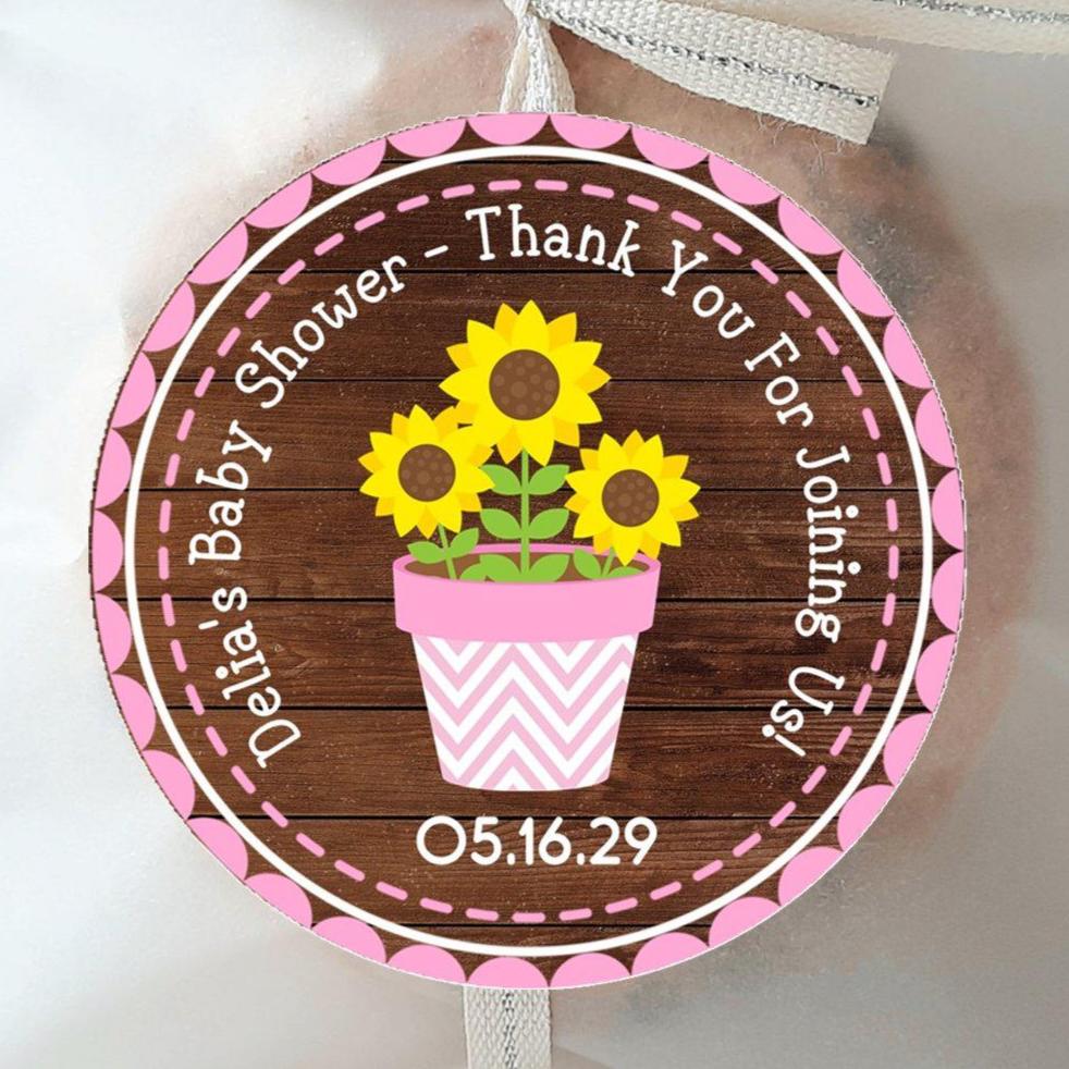 rustic sunflower baby shower sticker with pink trim
