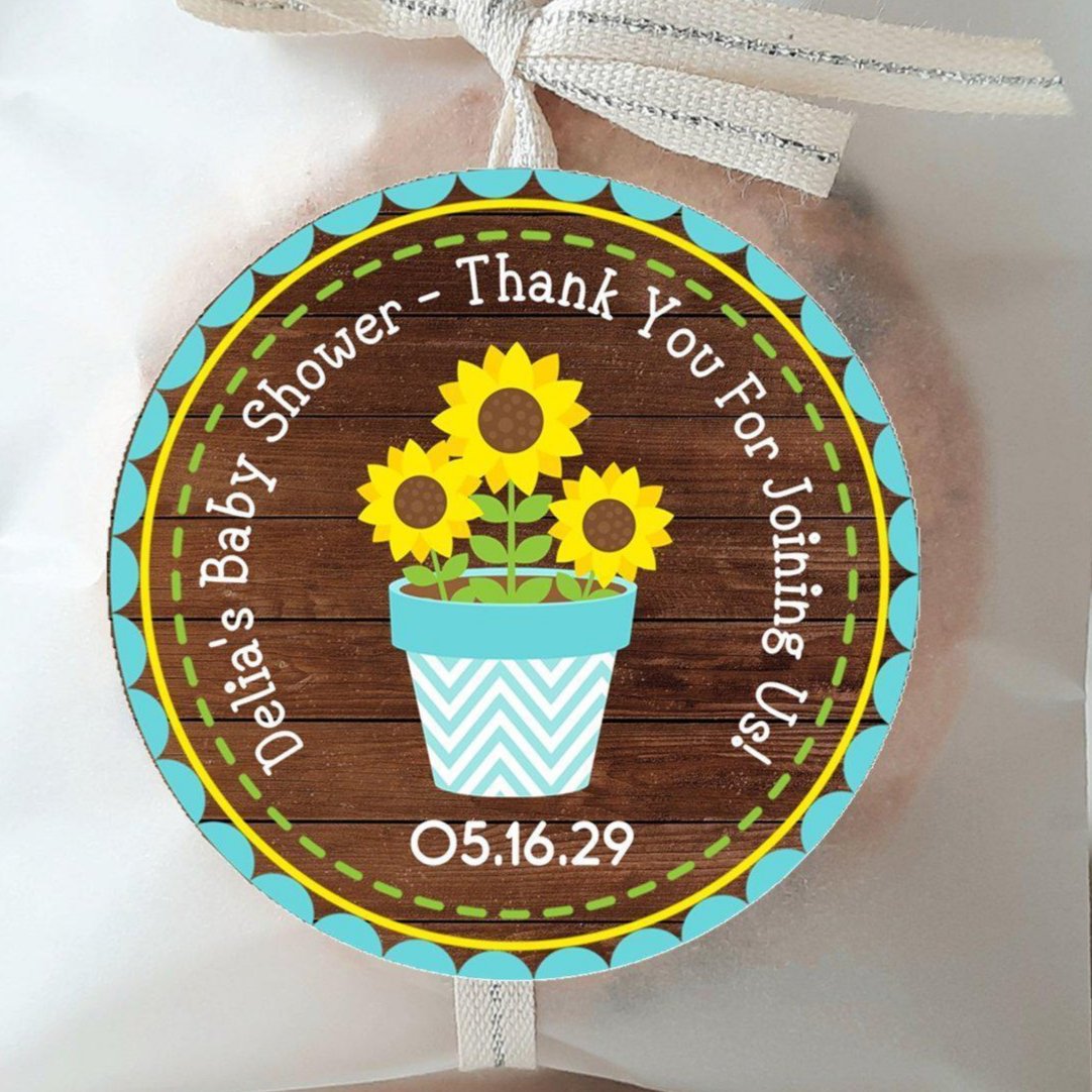 rustic wood sunflower baby shower sticker with teal trim