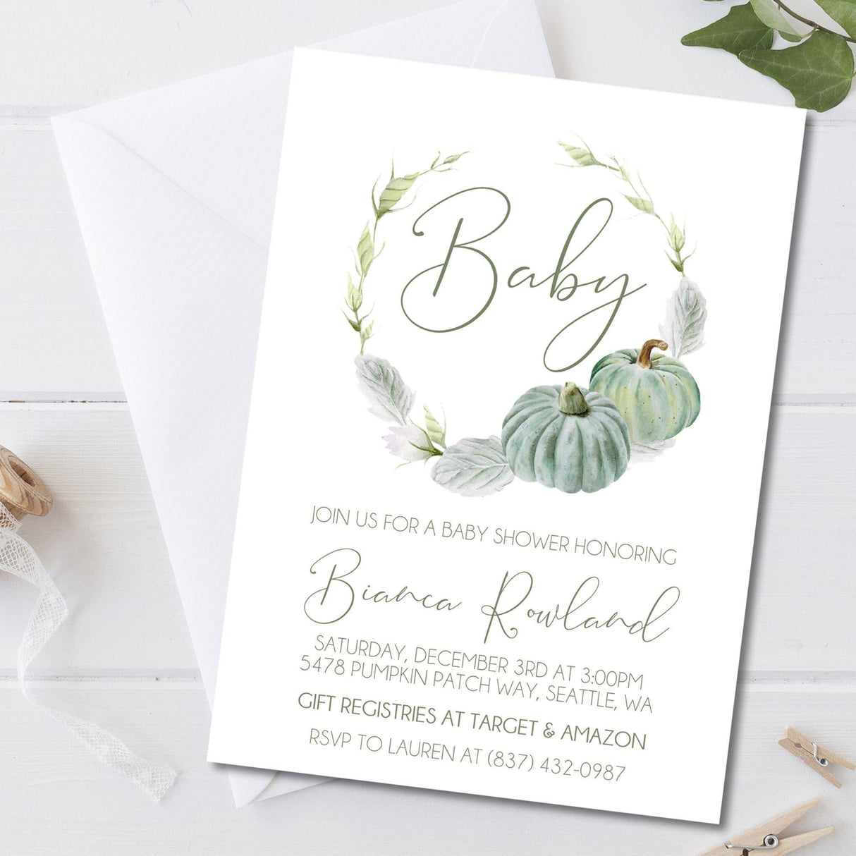 sage green pumpkin invitation cards elegant rustic style