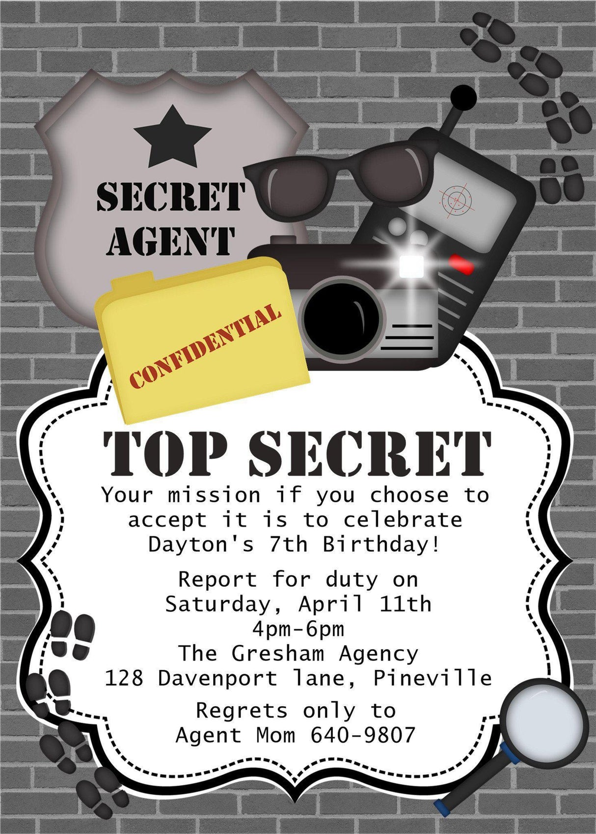 secret agent birthday party invitations spy gadget design