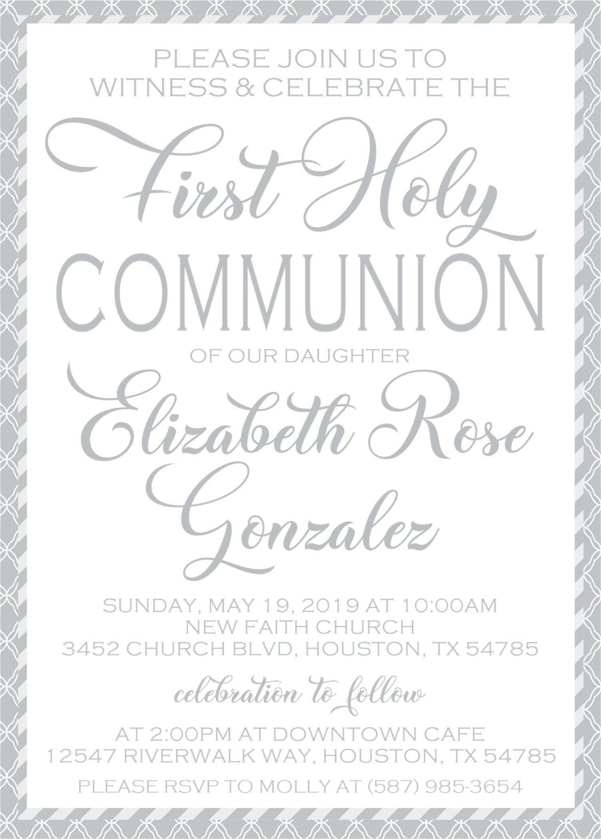 silver damask first communion invitations with elegant typography