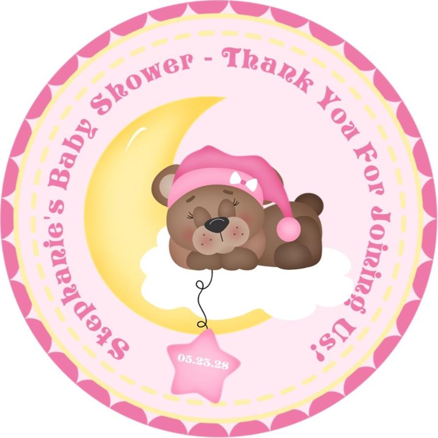 sleeping bear baby shower sticker with pink star balloon