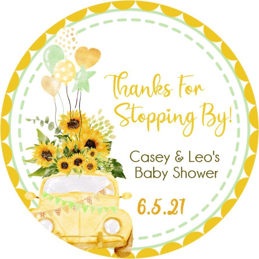 social distant baby shower favor sticker with sunflowers and balloons