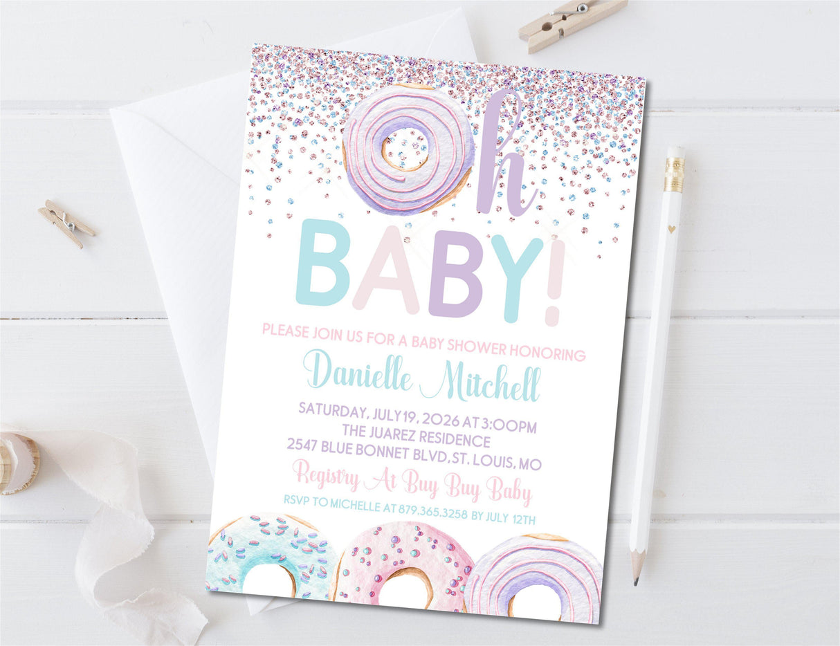 sprinkle donut baby shower invitation cards dessert style pastel