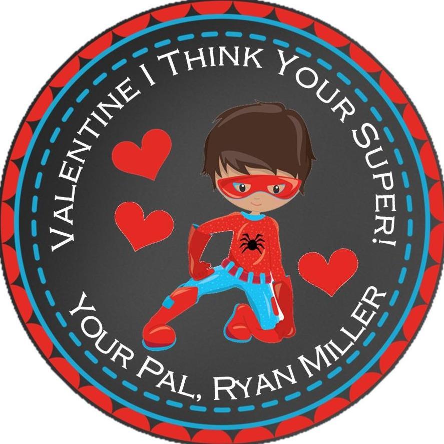 superhero valentine sticker with red and blue hero