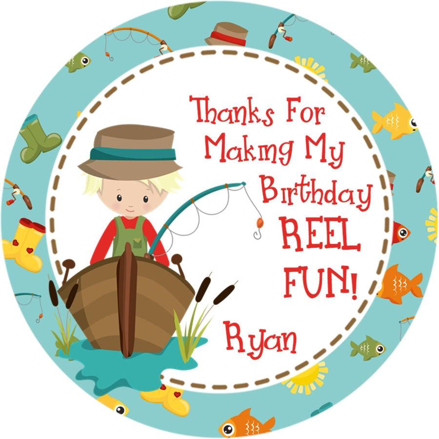 teal and brown fishing party favor label