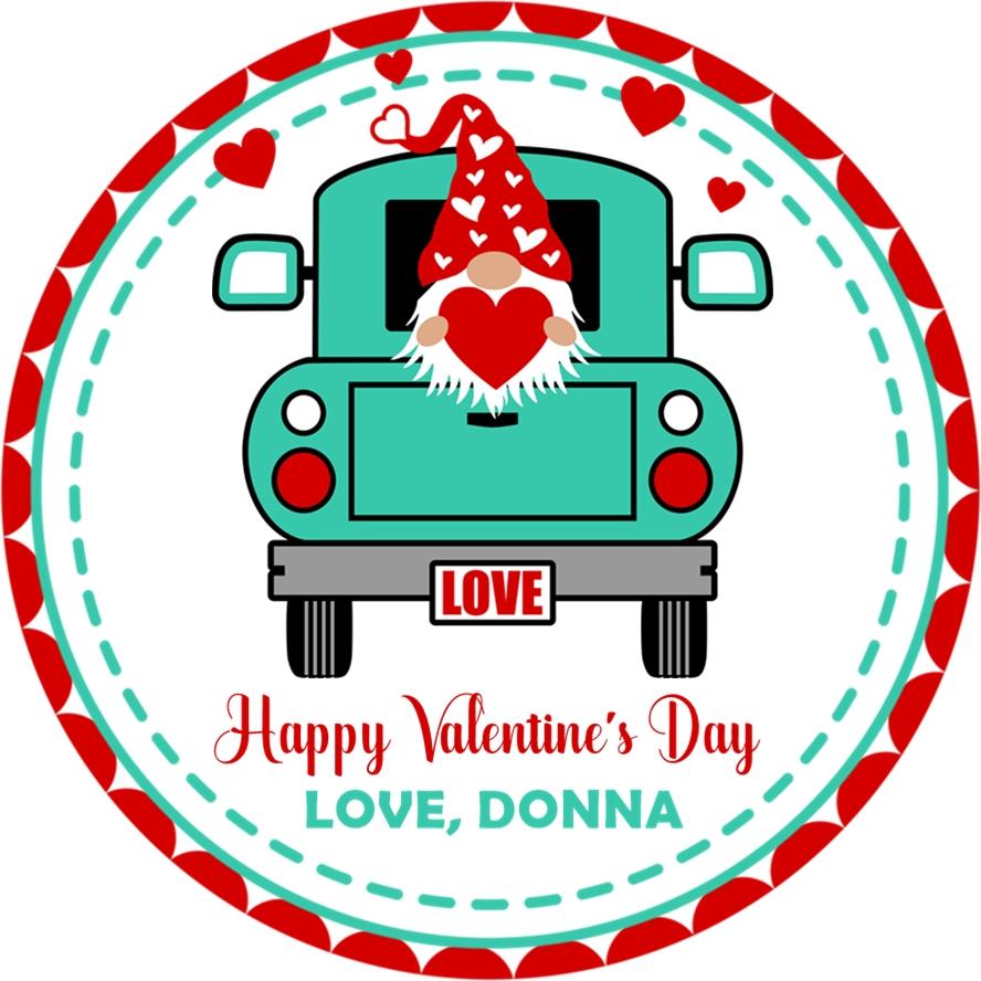 teal truck valentine label with gnome holding heart