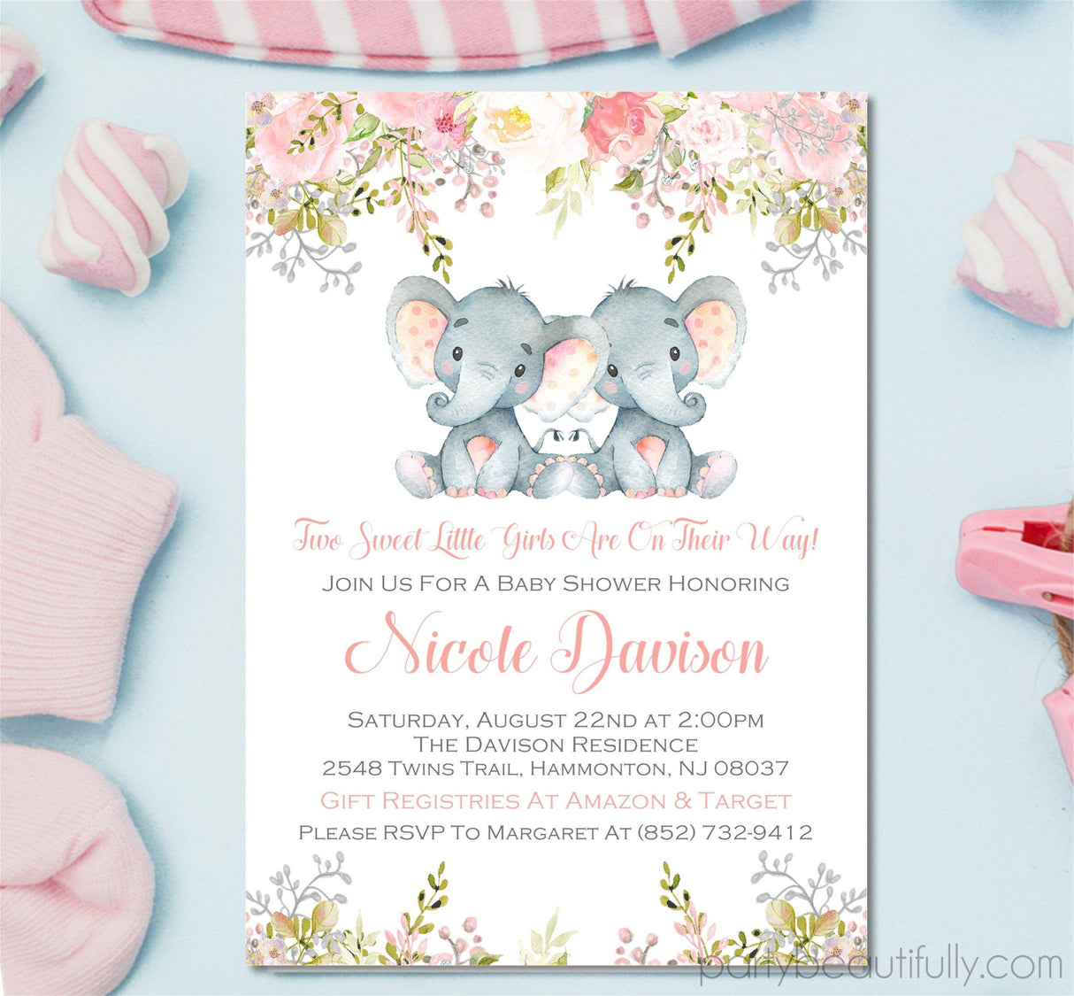 twin elephant baby shower invitations pastel pink theme