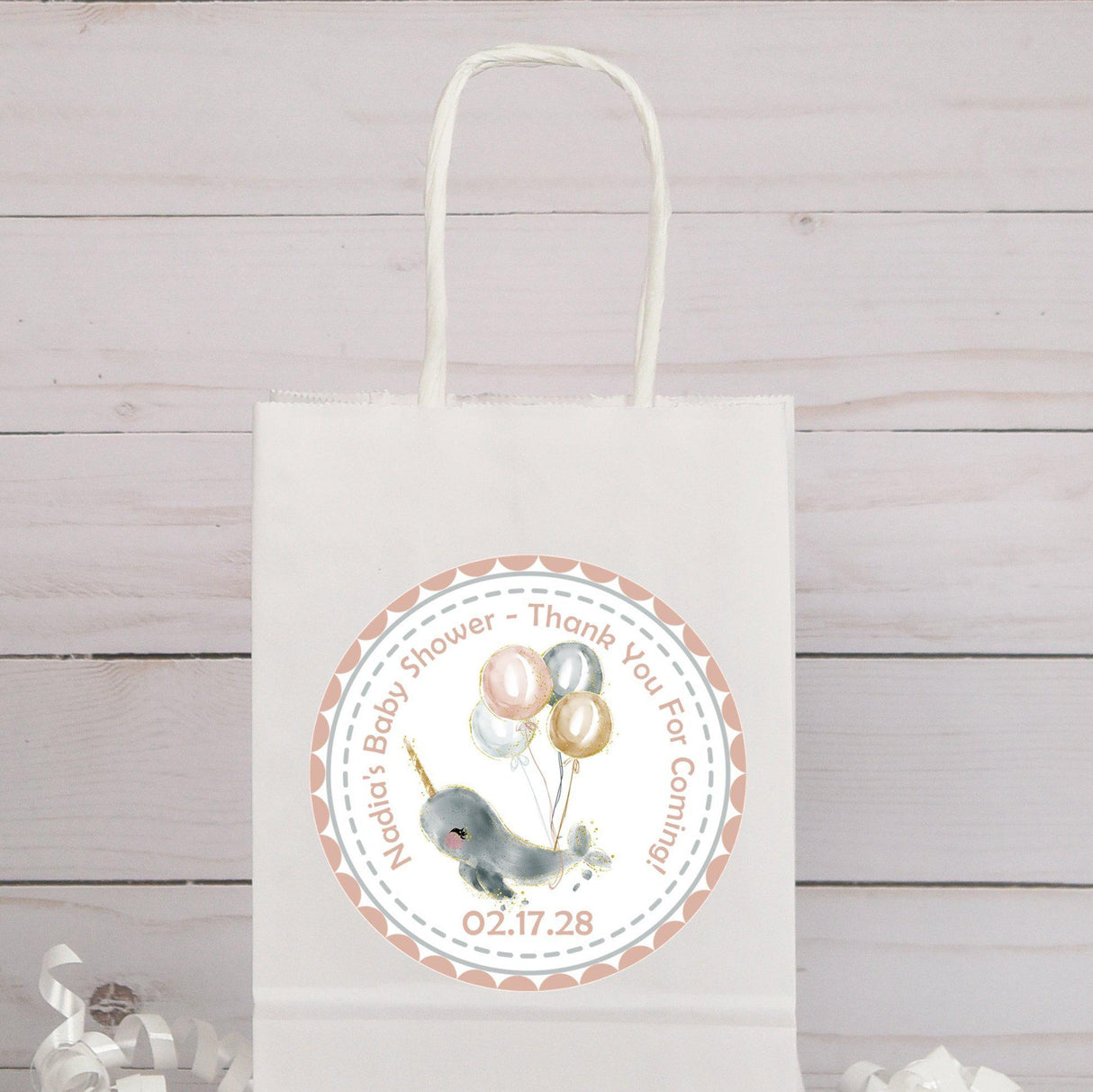 under the sea baby shower favor label with narwhal design