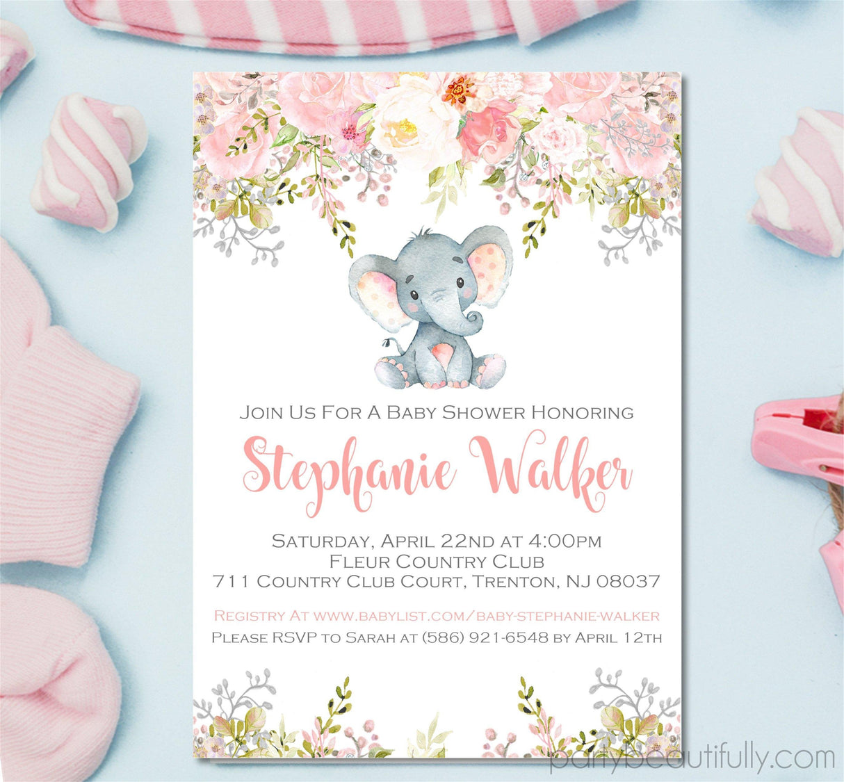 watercolor elephant invitation cards elegant floral style