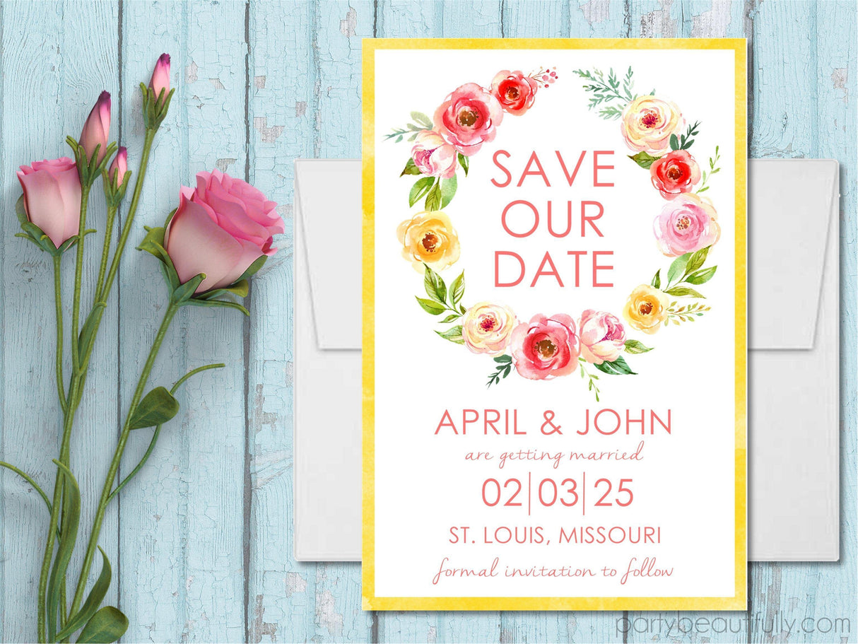 watercolor floral wedding save the dates cheerful botanical theme