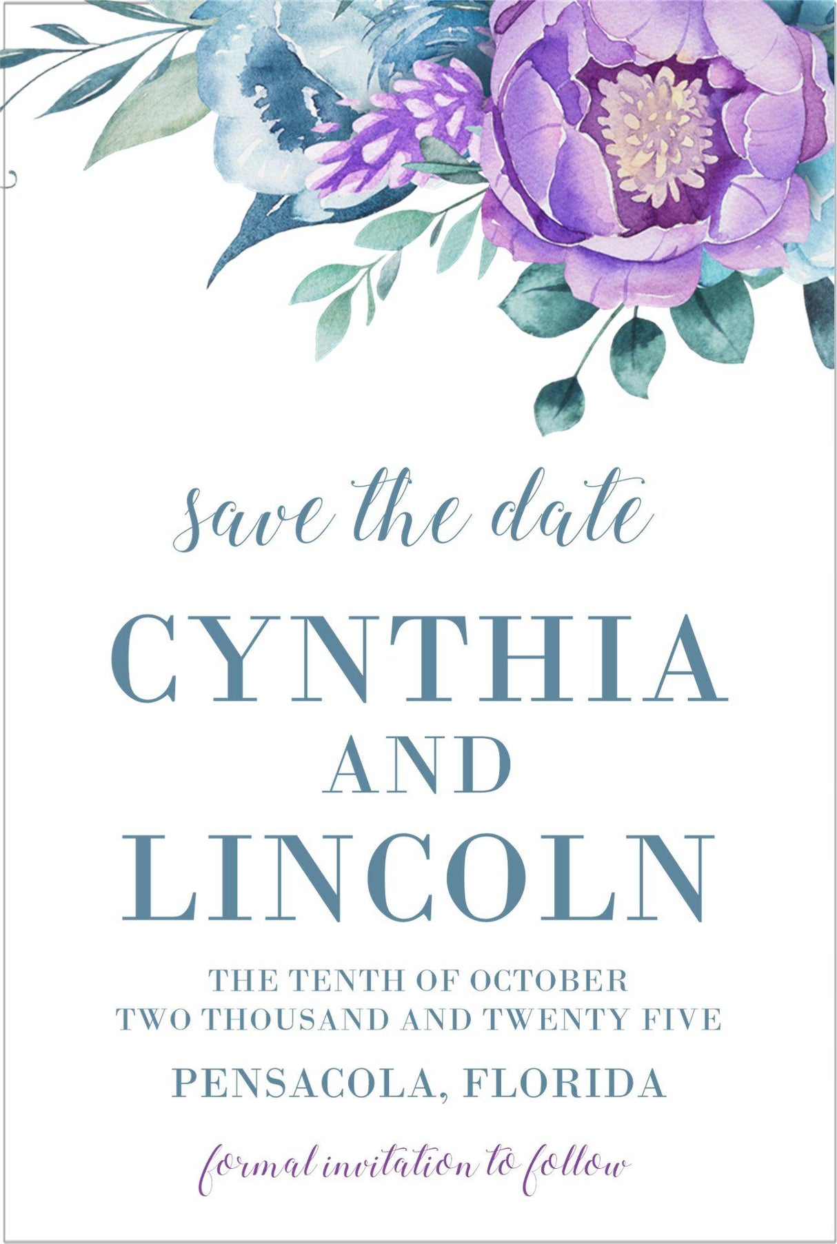 watercolor floral wedding save the dates purple botanical theme