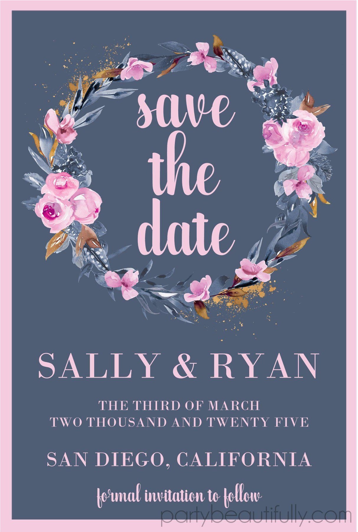 watercolor floral wreath wedding save the dates dusty blue blush theme