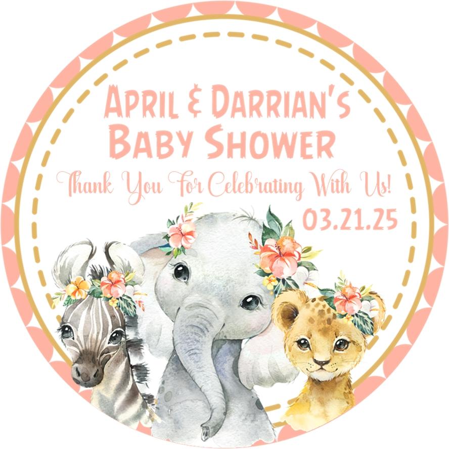 watercolor jungle animal baby shower sticker design