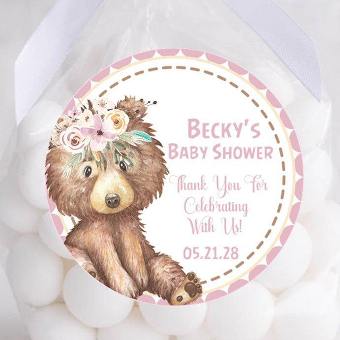 watercolor pink bear baby shower favor label