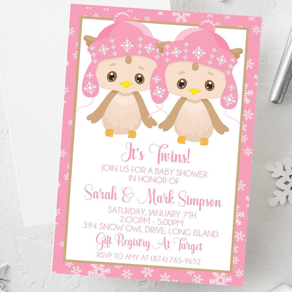 winter owl twins baby shower invitations snowflake pink design