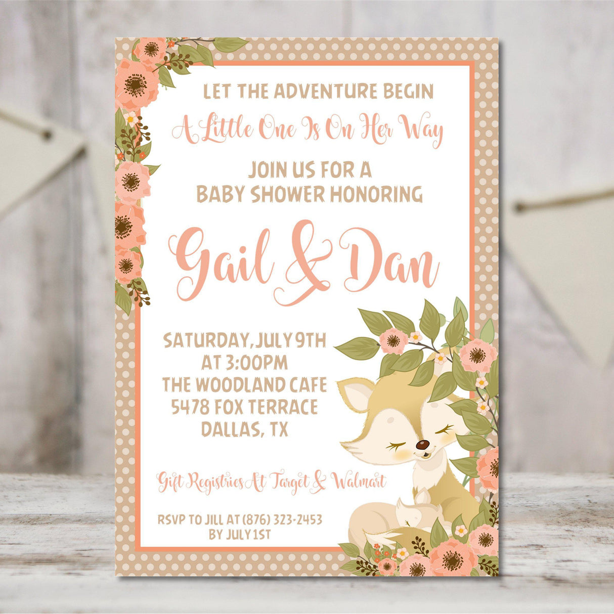 woodland fox baby shower invitations peach floral design