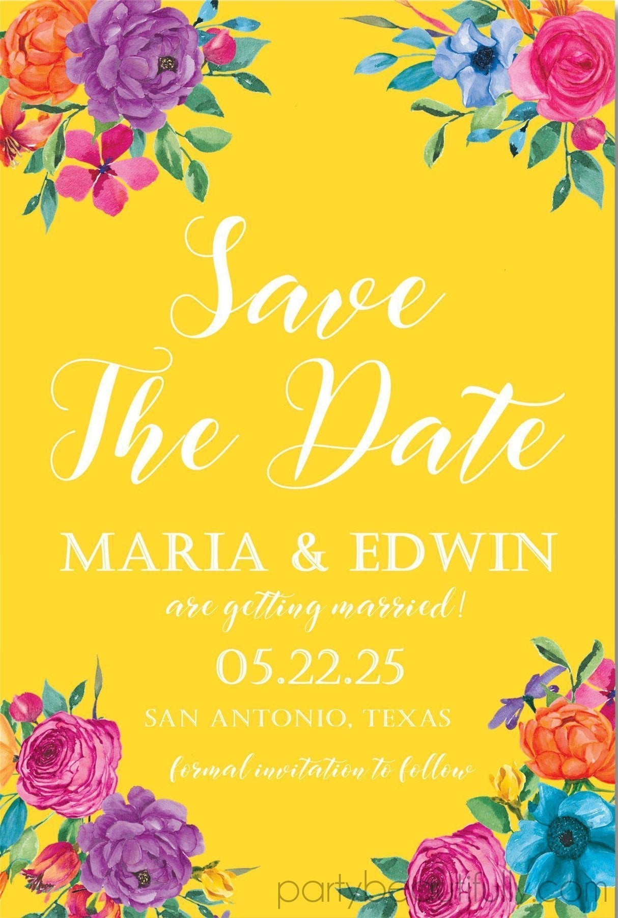 yellow fiesta save the date cards colorful floral mexican wedding design