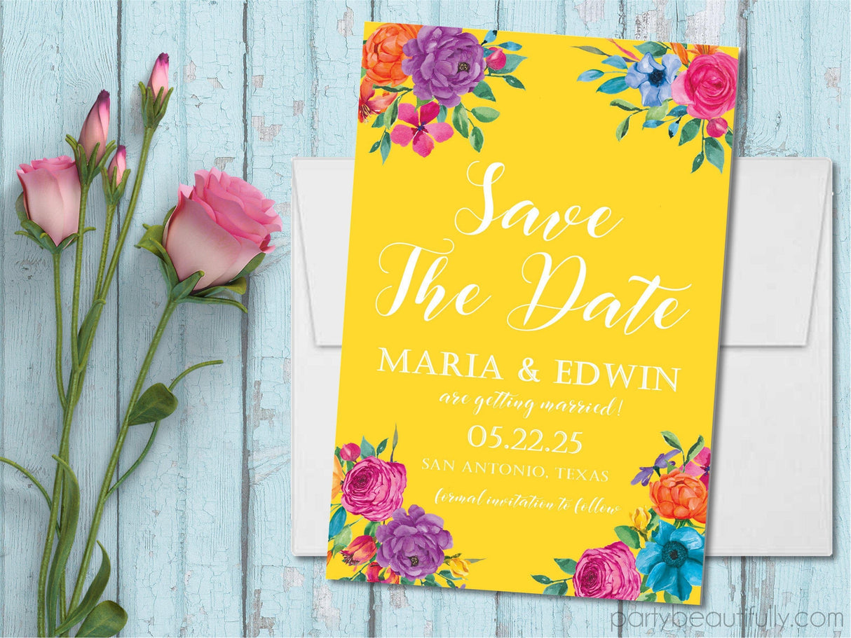yellow wedding save the dates tropical floral theme