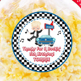 1950s sock hop birthday sticker for boys with blue retro car and character