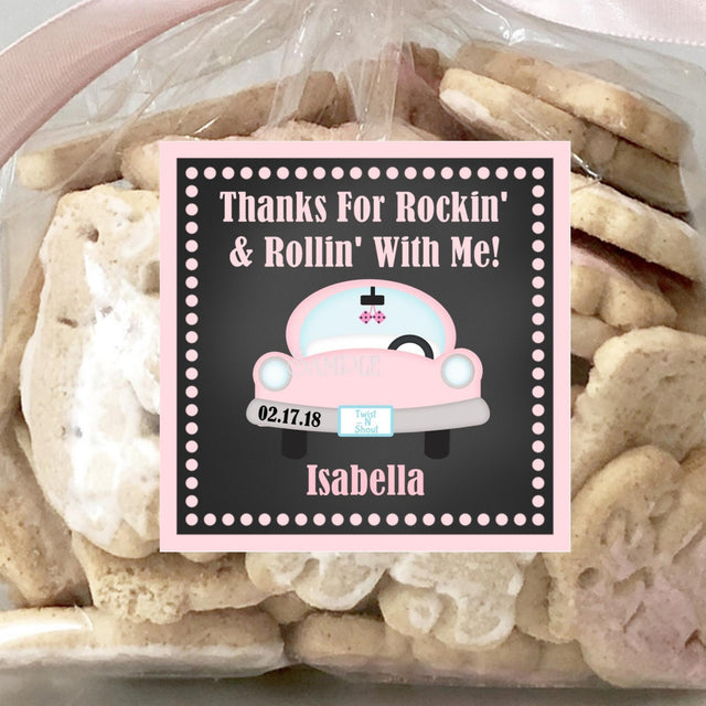 1950s sock hop pink car birthday sticker with custom name