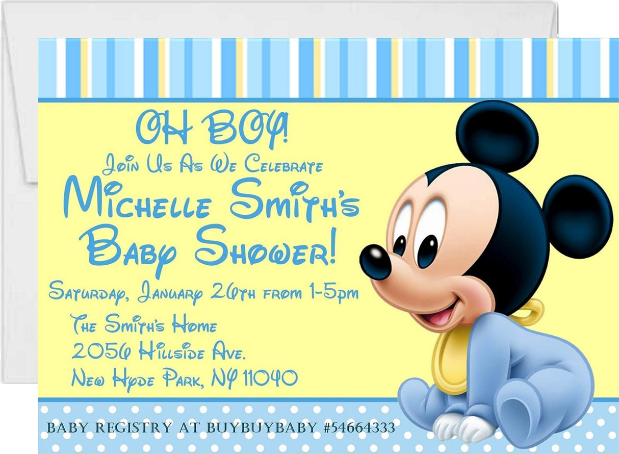 A baby shower invitation with a blue and yellow striped background featuring a cartoon version of Mickey Mouse in the center, surrounded by blue text that includes the event details.