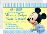 A baby shower invitation with a blue and yellow striped background featuring a cartoon version of Mickey Mouse in the center, surrounded by blue text that includes the event details.