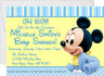 A baby shower invitation with a blue and yellow striped background featuring a cartoon version of Mickey Mouse in the center, surrounded by blue text that includes the event details.