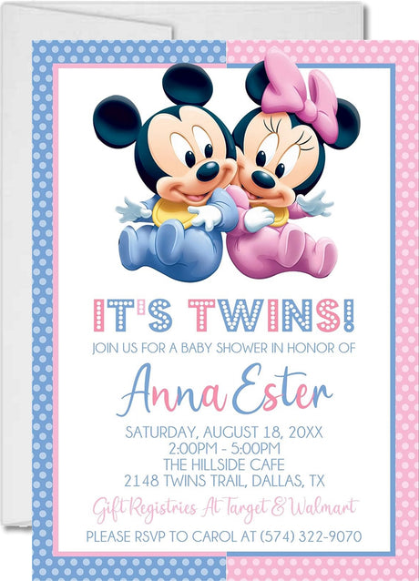A twins baby shower invitation featuring colorful illustrations of Mickey and Minnie Mouse with a blue and pink color scheme and personalized text details.