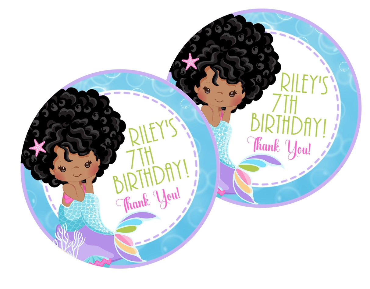 African American mermaid birthday sticker with aqua tail and pastel background