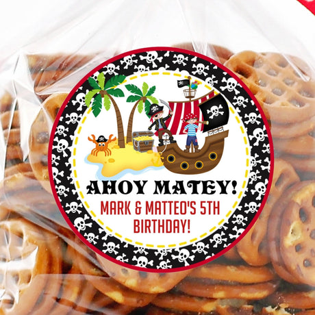 Ahoy Matey pirate birthday sticker with island and pirate ship