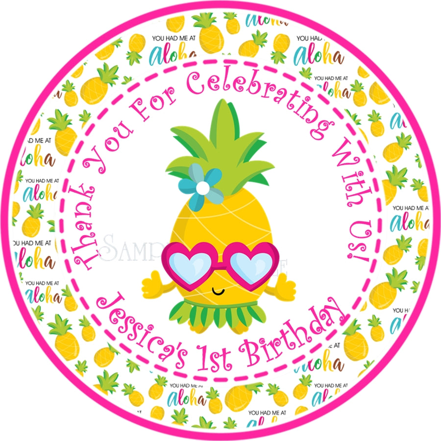Aloha party favor sticker with pineapple and colorful accents