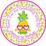 Aloha party favor sticker with pineapple and colorful accents