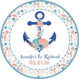 Anchor wedding favor label customized with couple names and wedding date