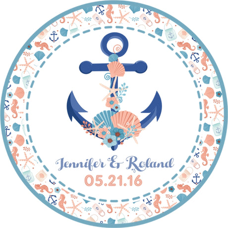 Anchor wedding favor label customized with couple names and wedding date