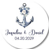 Anchor wedding favor sticker with blue flowers personalized with couple names and wedding date