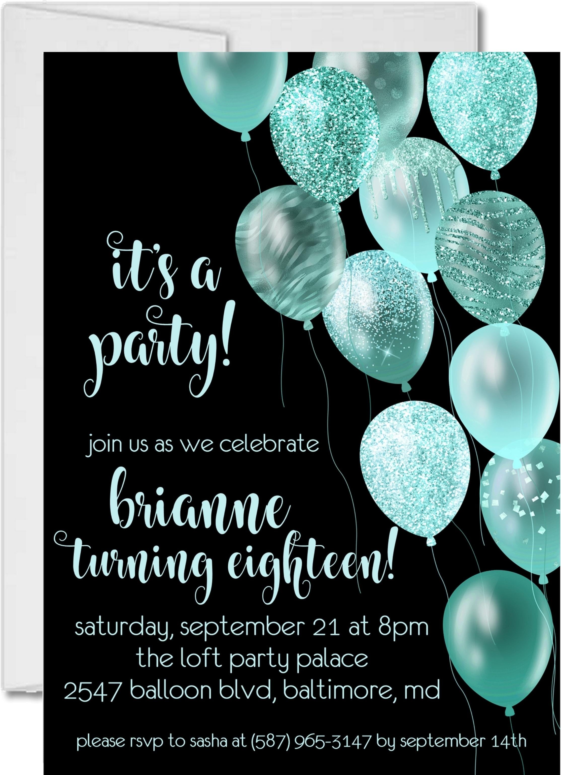 Aqua And Black Balloon Birthday Party Invitations
