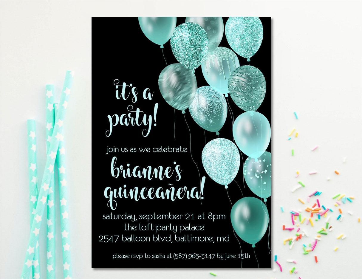 Aqua And Black Balloon Quinceanera Invitations