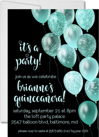Aqua And Black Balloon Quinceanera Invitations