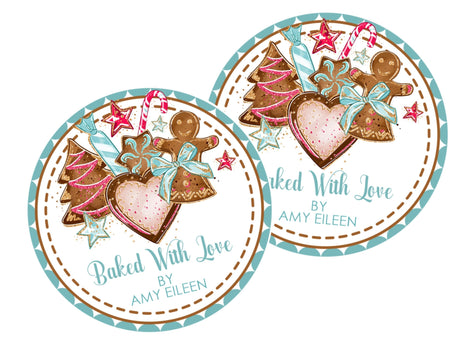 Aqua Christmas cookie exchange sticker with festive cookie illustrations