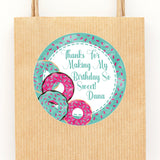 Aqua and hot pink donut birthday sticker with personalized name