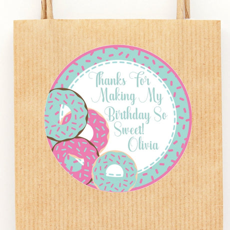 Aqua and pink donut birthday sticker with personalized name